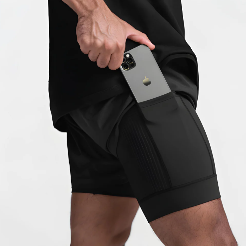 RunLock™ – 2-i-1 treningsshorts med sprettfri mobillomme
